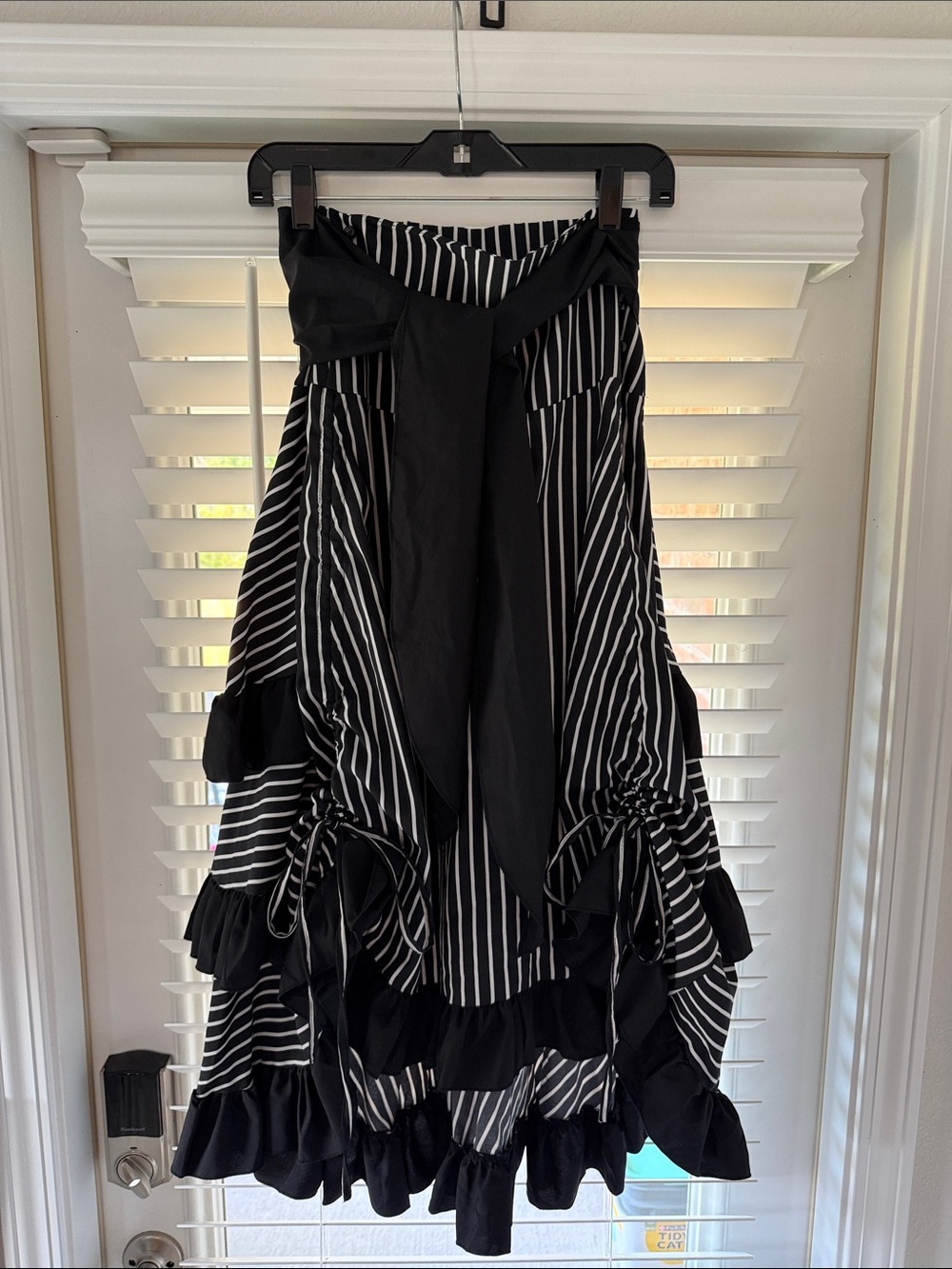 Black & White Striped Ruffle Midi Skirt